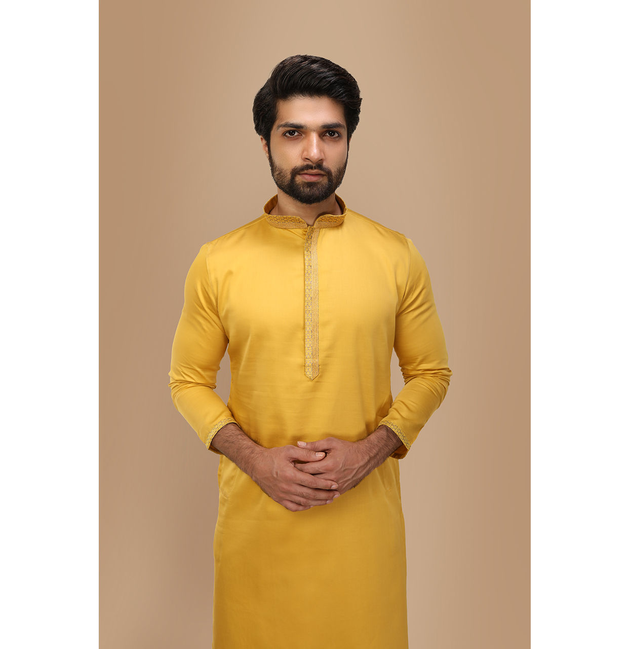 Buy Mustard Yellow Solid Kurta Set With Neck Detailing Online in India Manyavar Kurta Pajama